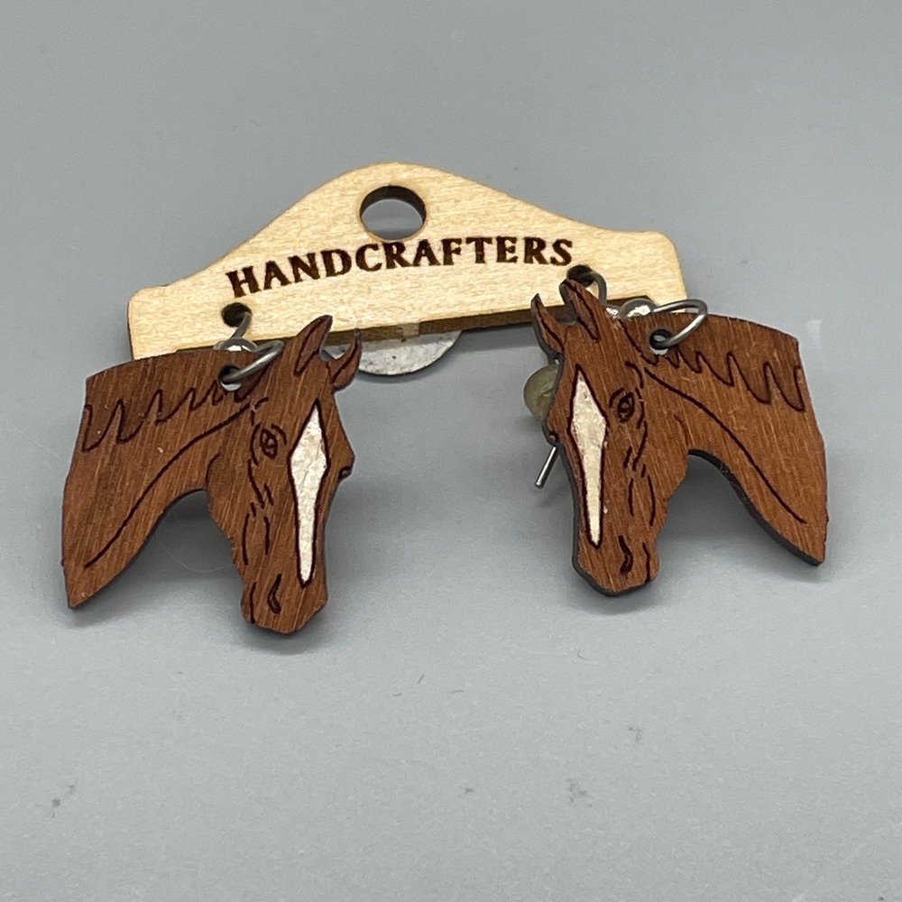 Handcrafters Wooden Horse Head Drop Earrings Made in Montana Western Boho Brown